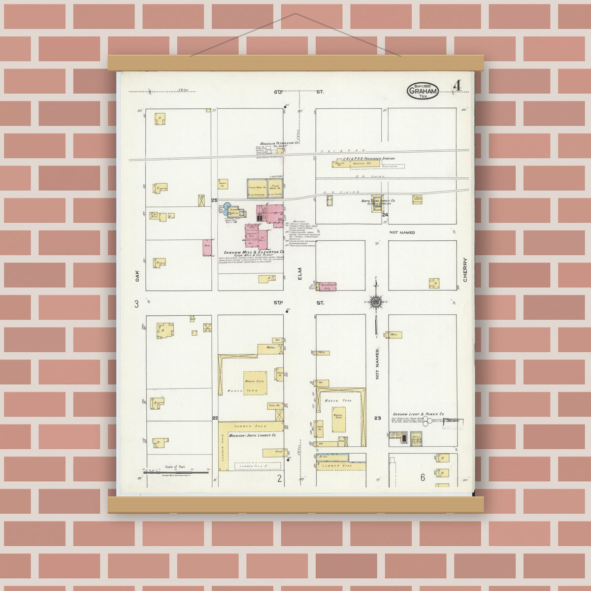 Old map wall art mockup — magnetic wood frame on brick wall — Sanborn Fire Insurance Map from Graham, Young County, Texas (1920), Sheet #0004