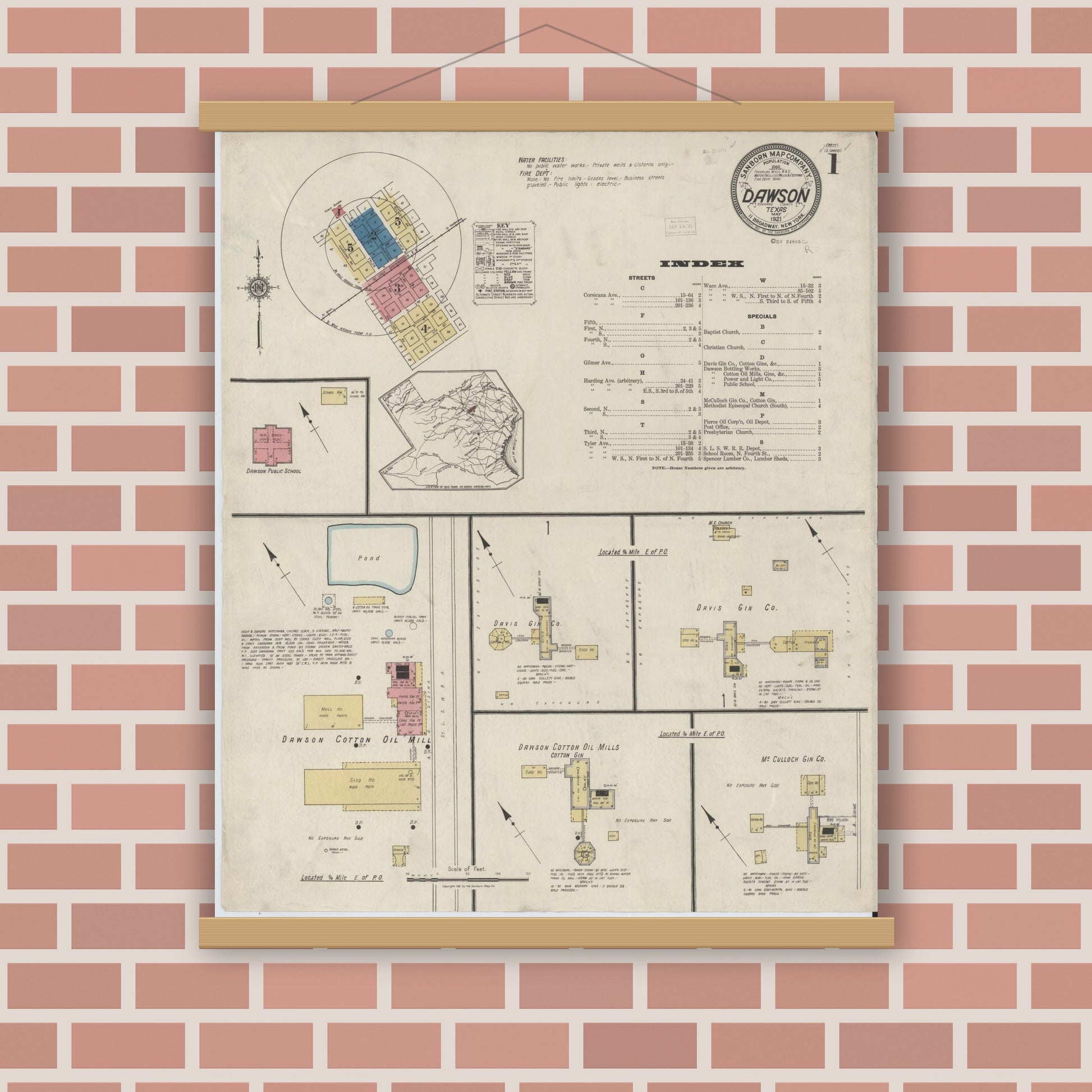 Old map wall art mockup — magnetic wood frame on brick wall — Sanborn Fire Insurance Map from Dawson, Navarro County, Texas (1921), Sheet #0001