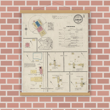 Old map wall art mockup — magnetic wood frame on brick wall — Sanborn Fire Insurance Map from Dawson, Navarro County, Texas (1921), Sheet #0001