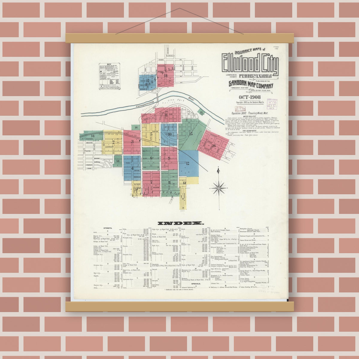 Old map wall art mockup — magnetic wood frame on brick wall — Sanborn Fire Insurance Map from Ellwood City, Lawrence County, Pennsylvania (1908) - Complete Map Set