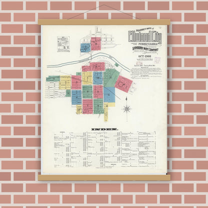 Old map wall art mockup — magnetic wood frame on brick wall — Sanborn Fire Insurance Map from Ellwood City, Lawrence County, Pennsylvania (1908) - Complete Map Set