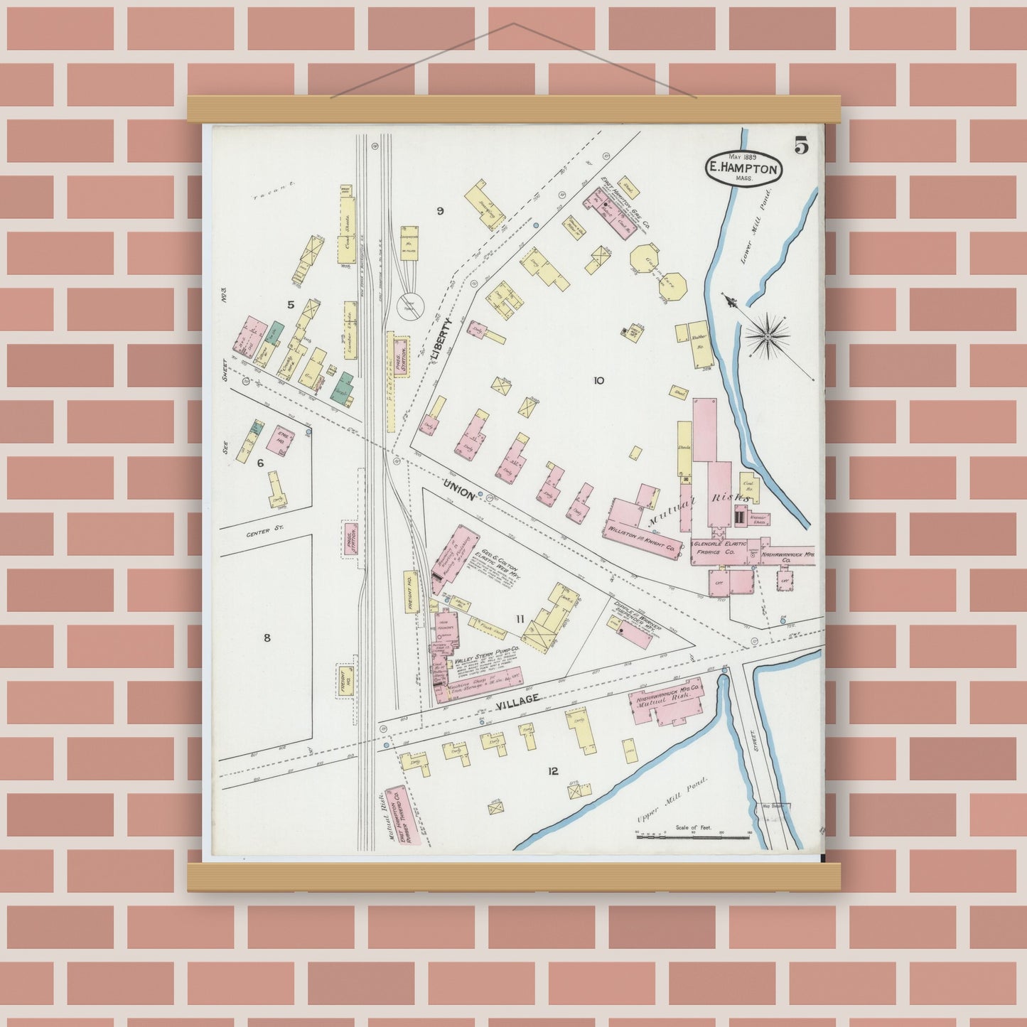 Old map wall art mockup — magnetic wood frame on brick wall — Sanborn Fire Insurance Map from East Hampton, Hampshire County, Massachusetts (1889), Sheet #0005