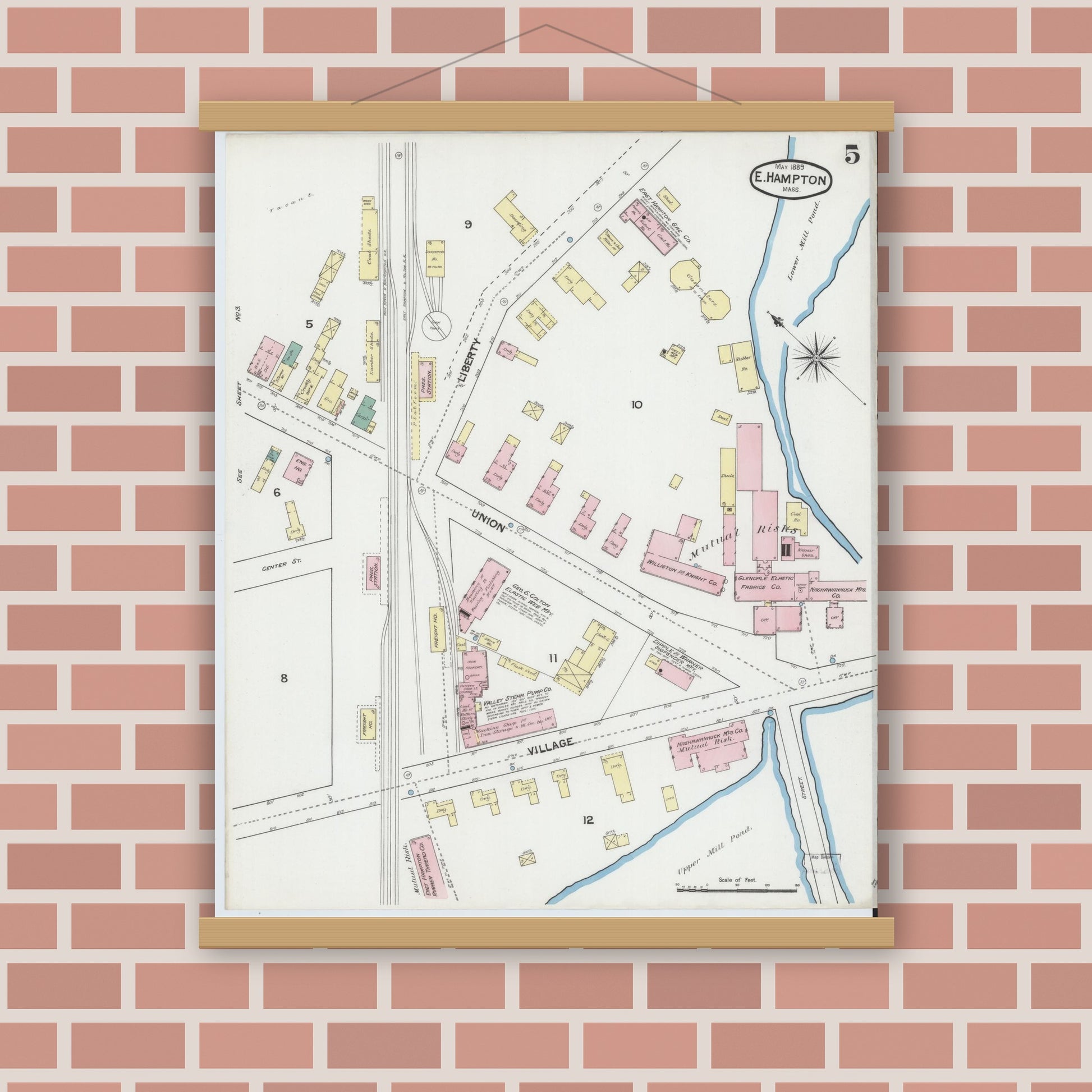 Old map wall art mockup — magnetic wood frame on brick wall — Sanborn Fire Insurance Map from East Hampton, Hampshire County, Massachusetts (1889), Sheet #0005