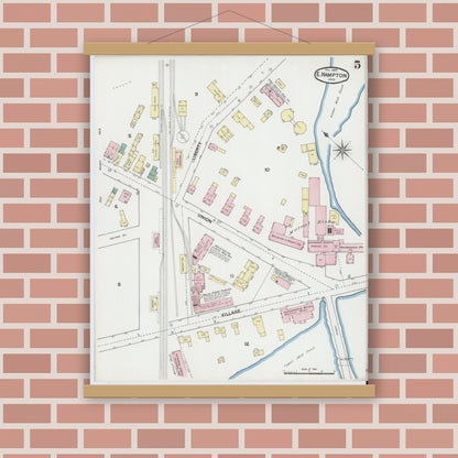 Old map wall art mockup — magnetic wood frame on brick wall — Sanborn Fire Insurance Map from East Hampton, Hampshire County, Massachusetts (1889), Sheet #0005