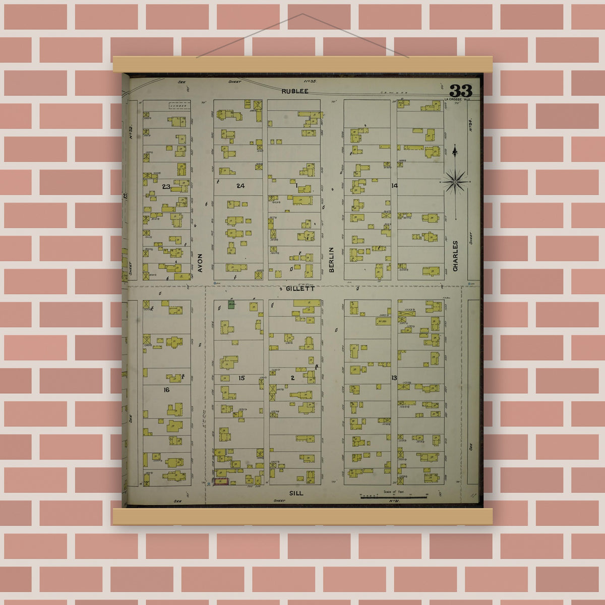 Old map wall art mockup — magnetic wood frame on brick wall — Sanborn Fire Insurance Map from La Crosse, La Crosse County, Wisconsin (1891), Sheet #0033