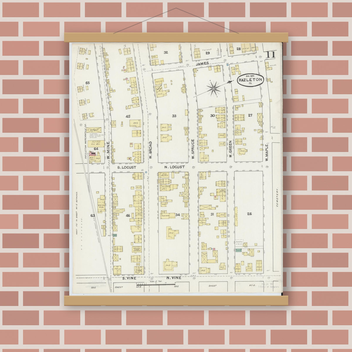 Old map wall art mockup — magnetic wood frame on brick wall — Sanborn Fire Insurance Map from Hazleton, Luzerne County, Pennsylvania (1891), Sheet #0011