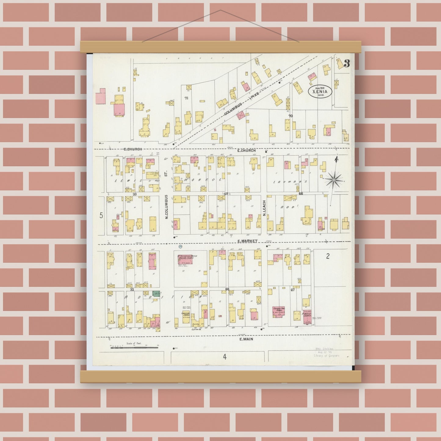 Old map wall art mockup — magnetic wood frame on brick wall — Sanborn Fire Insurance Map from Xenia, Greene County, Ohio (1901), Sheet #0003