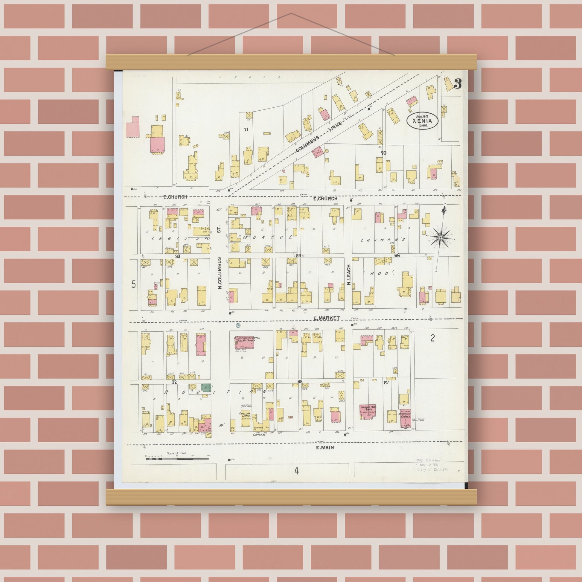 Old map wall art mockup — magnetic wood frame on brick wall — Sanborn Fire Insurance Map from Xenia, Greene County, Ohio (1901), Sheet #0003