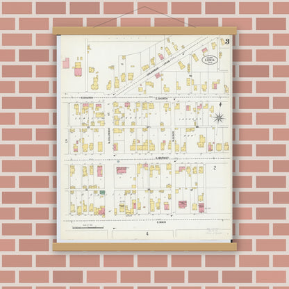 Old map wall art mockup — magnetic wood frame on brick wall — Sanborn Fire Insurance Map from Xenia, Greene County, Ohio (1901), Sheet #0003