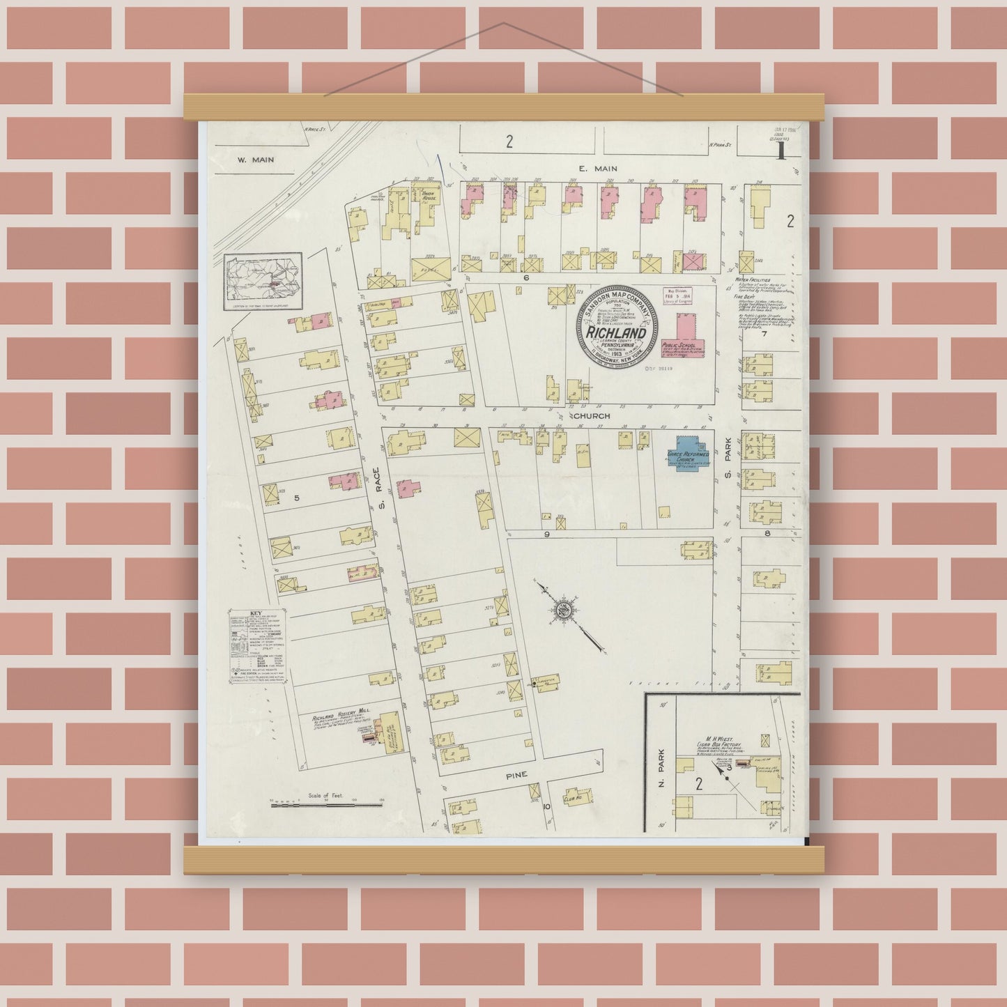 Old map wall art mockup — magnetic wood frame on brick wall — Sanborn Fire Insurance Map from Richland, Lebanon County, Pennsylvania (1913) - Complete Map Set