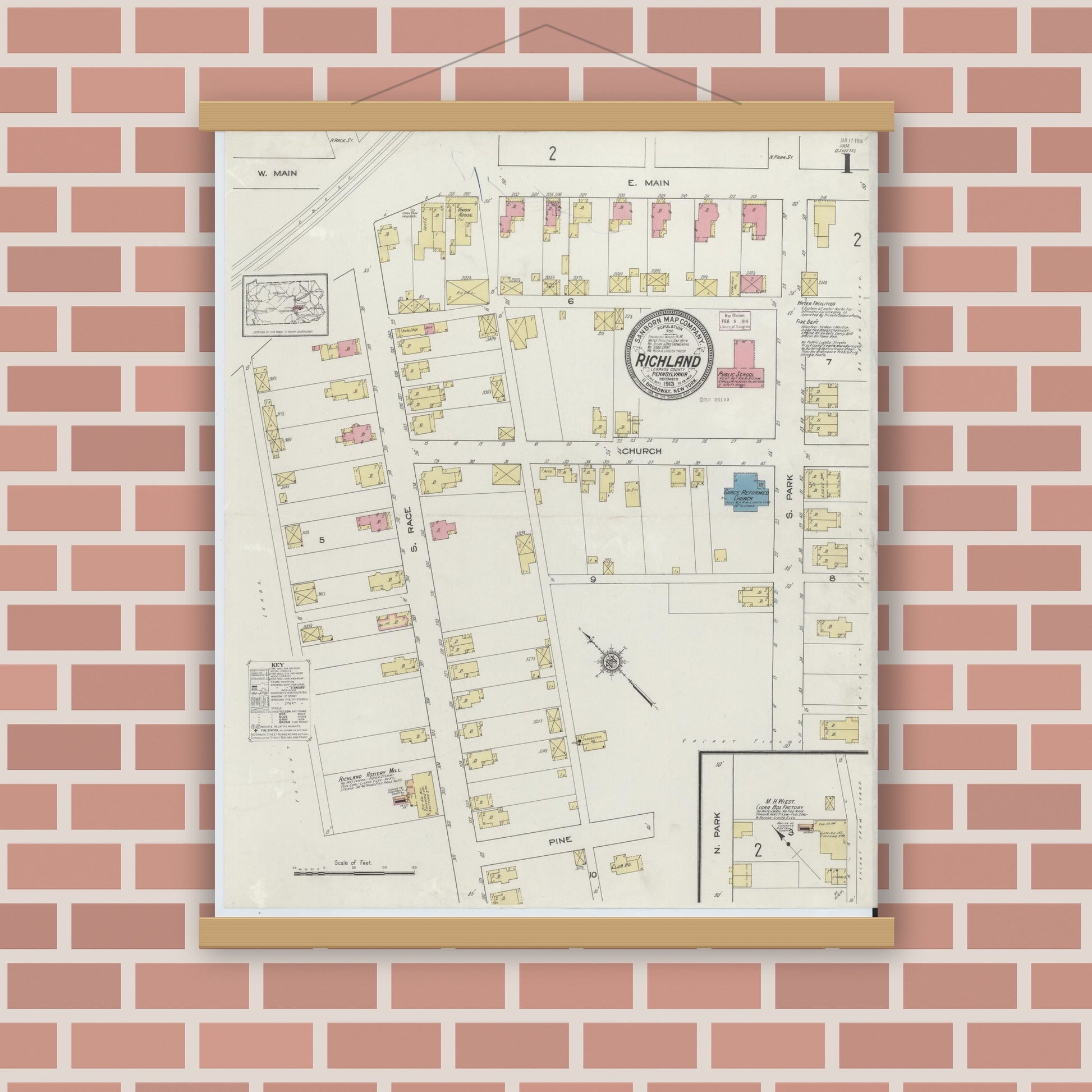 Old map wall art mockup — magnetic wood frame on brick wall — Sanborn Fire Insurance Map from Richland, Lebanon County, Pennsylvania (1913) - Complete Map Set