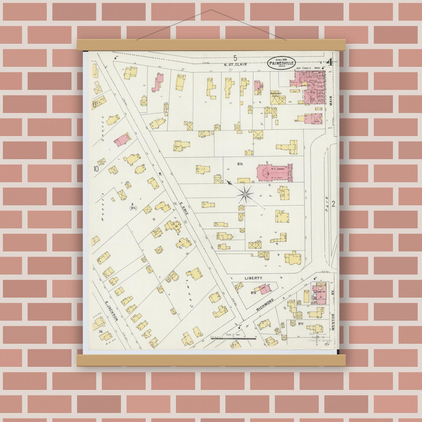 Old map wall art mockup — magnetic wood frame on brick wall — Sanborn Fire Insurance Map from Painesville, Lake County, Ohio (1898), Sheet #0004