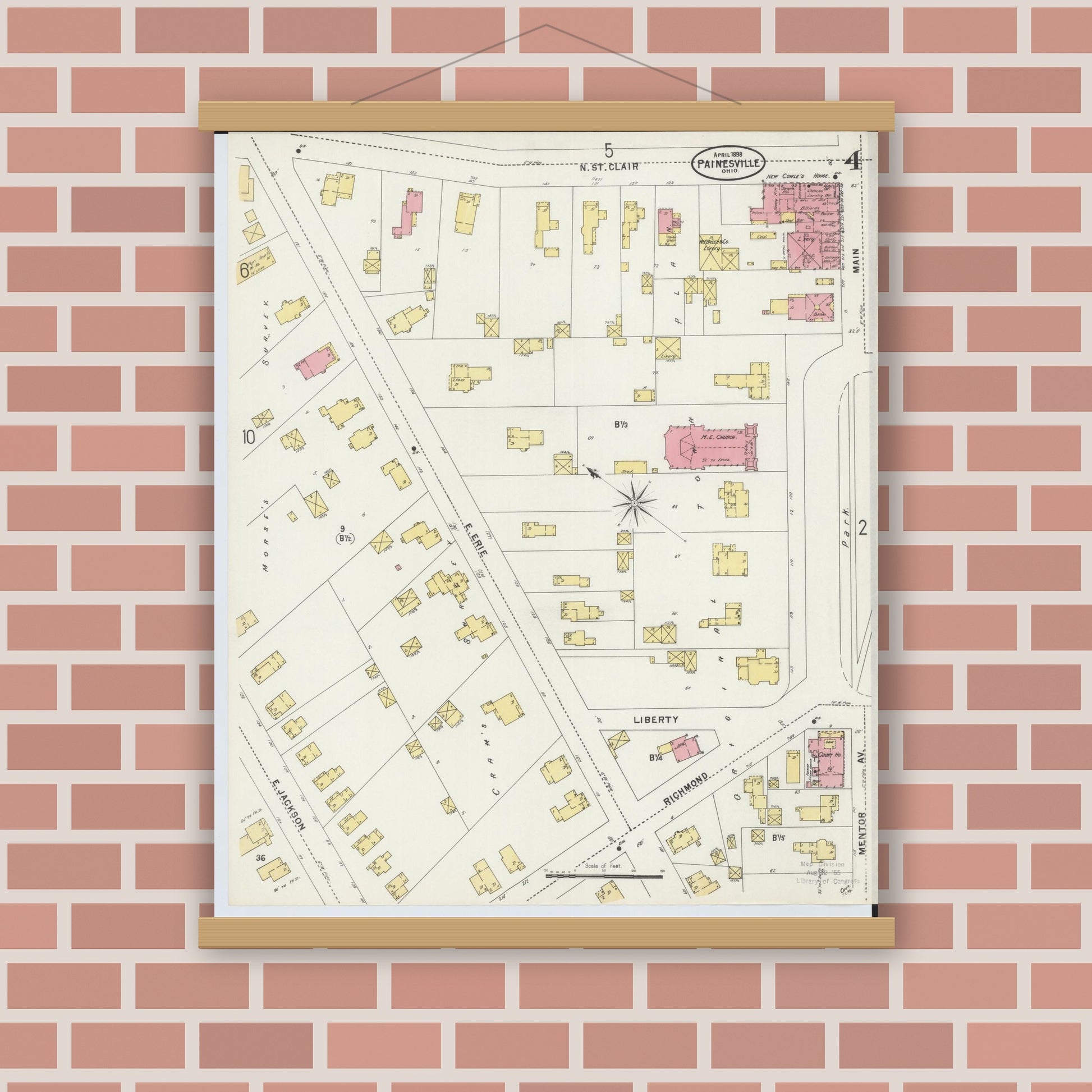 Old map wall art mockup — magnetic wood frame on brick wall — Sanborn Fire Insurance Map from Painesville, Lake County, Ohio (1898), Sheet #0004