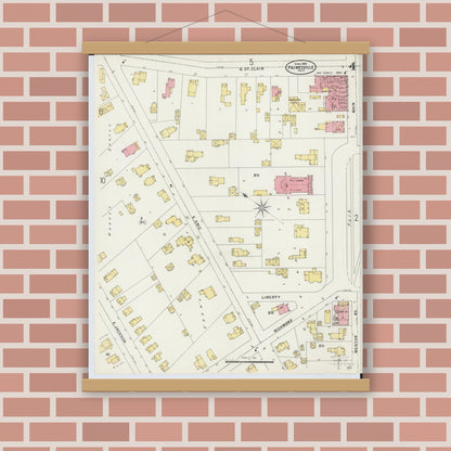 Old map wall art mockup — magnetic wood frame on brick wall — Sanborn Fire Insurance Map from Painesville, Lake County, Ohio (1898), Sheet #0004