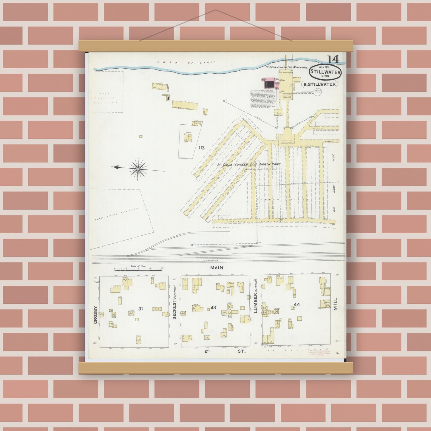 Old map wall art mockup — magnetic wood frame on brick wall — Sanborn Fire Insurance Map from Stillwater, Washington County, Minnesota (1891), Sheet #0014