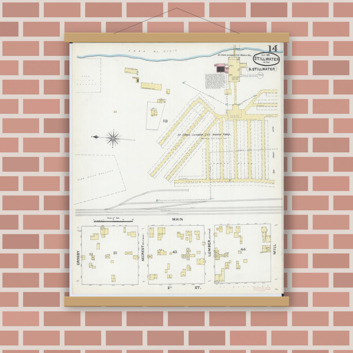 Old map wall art mockup — magnetic wood frame on brick wall — Sanborn Fire Insurance Map from Stillwater, Washington County, Minnesota (1891), Sheet #0014