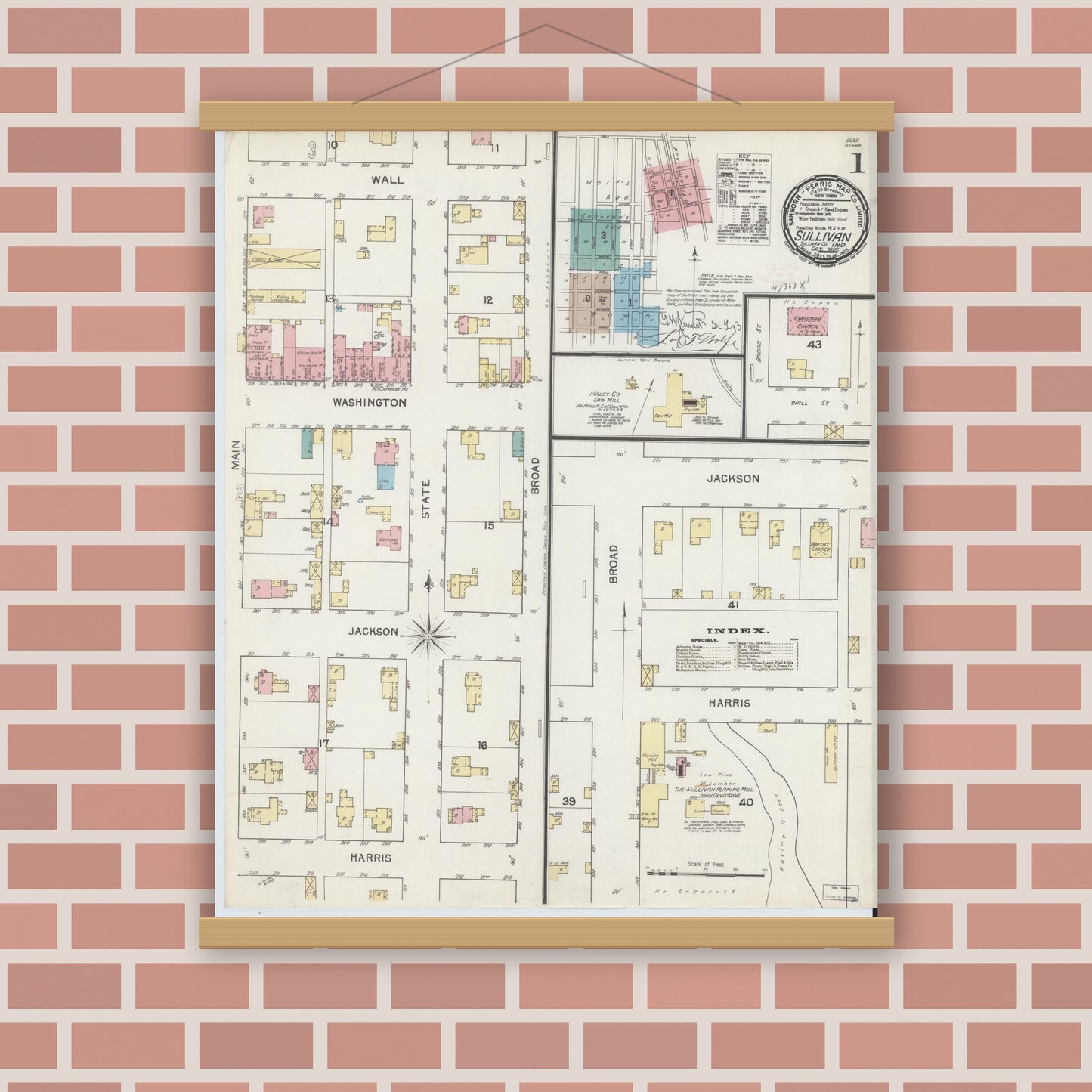 Old map wall art mockup — magnetic wood frame on brick wall — Sanborn Fire Insurance Map from Sullivan, Sullivan County, Indiana (1892) - Complete Map Set