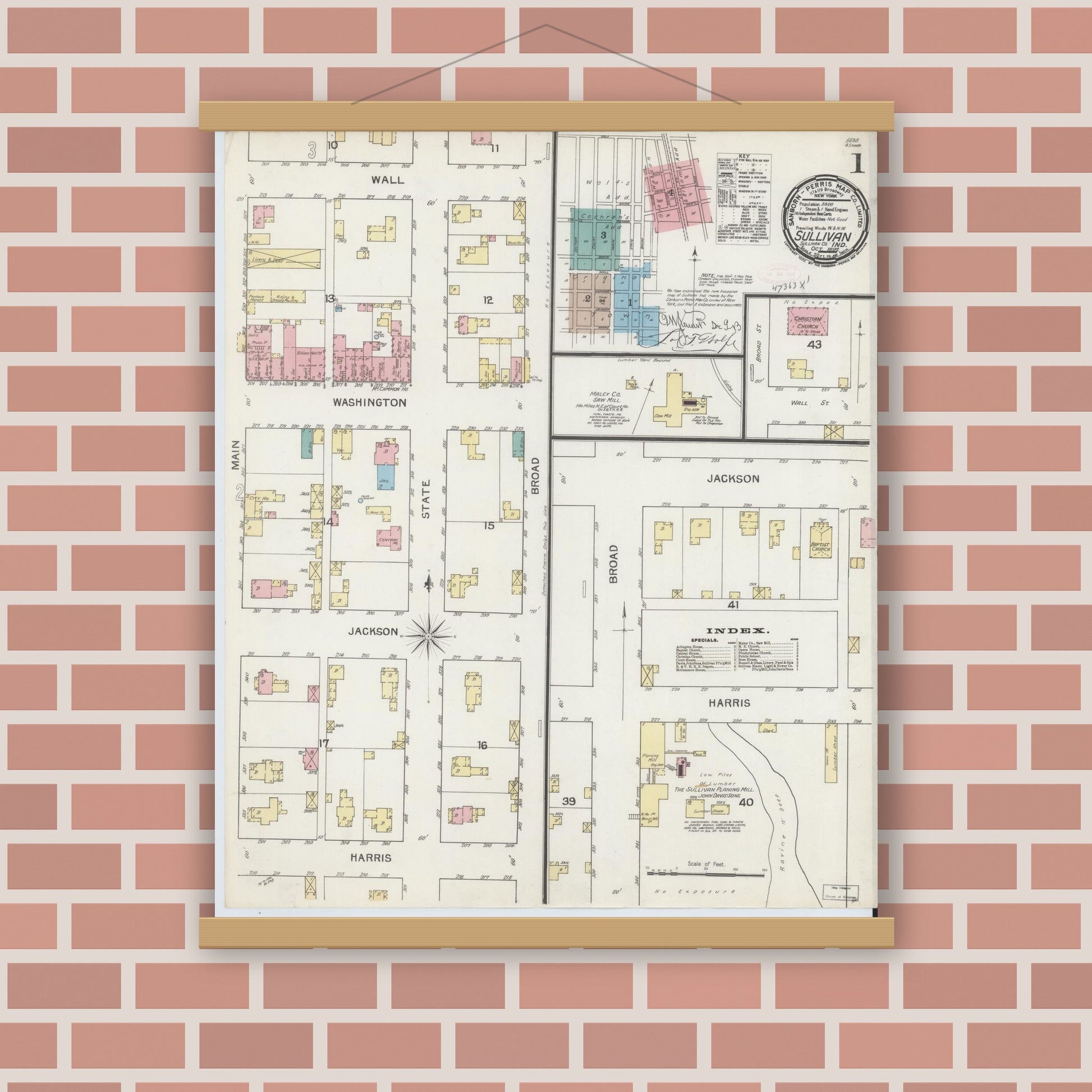 Old map wall art mockup — magnetic wood frame on brick wall — Sanborn Fire Insurance Map from Sullivan, Sullivan County, Indiana (1892) - Complete Map Set