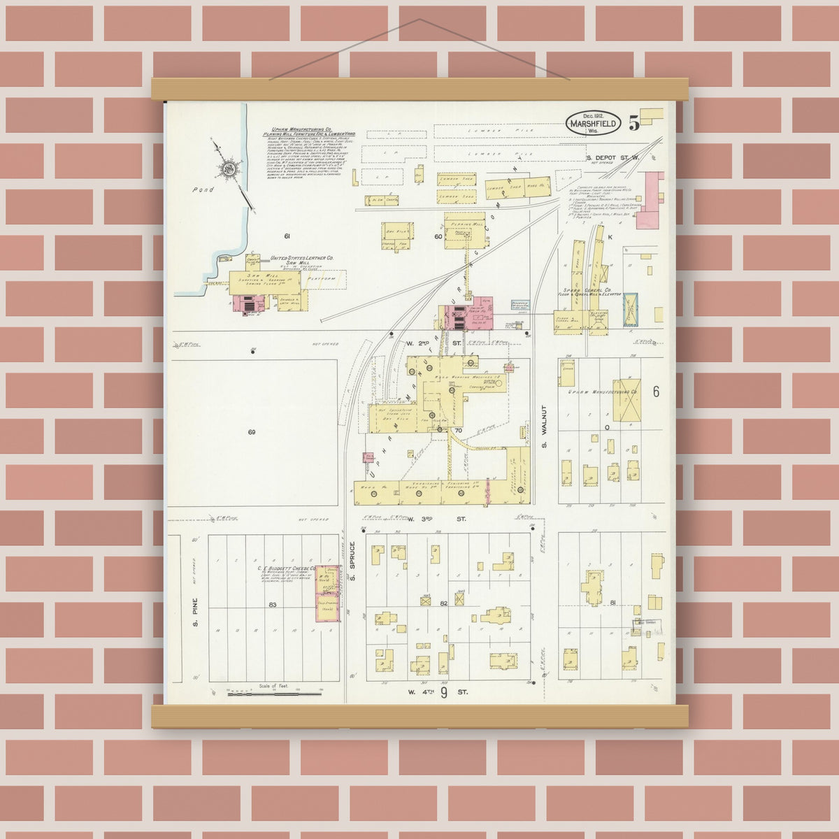 Old map wall art mockup — magnetic wood frame on brick wall — Sanborn Fire Insurance Map from Marshfield, Wood County, Wisconsin (1912), Sheet #0005
