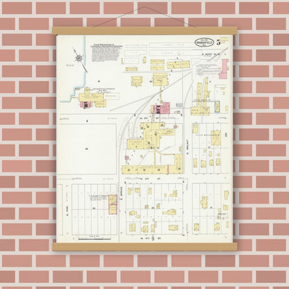 Old map wall art mockup — magnetic wood frame on brick wall — Sanborn Fire Insurance Map from Marshfield, Wood County, Wisconsin (1912), Sheet #0005