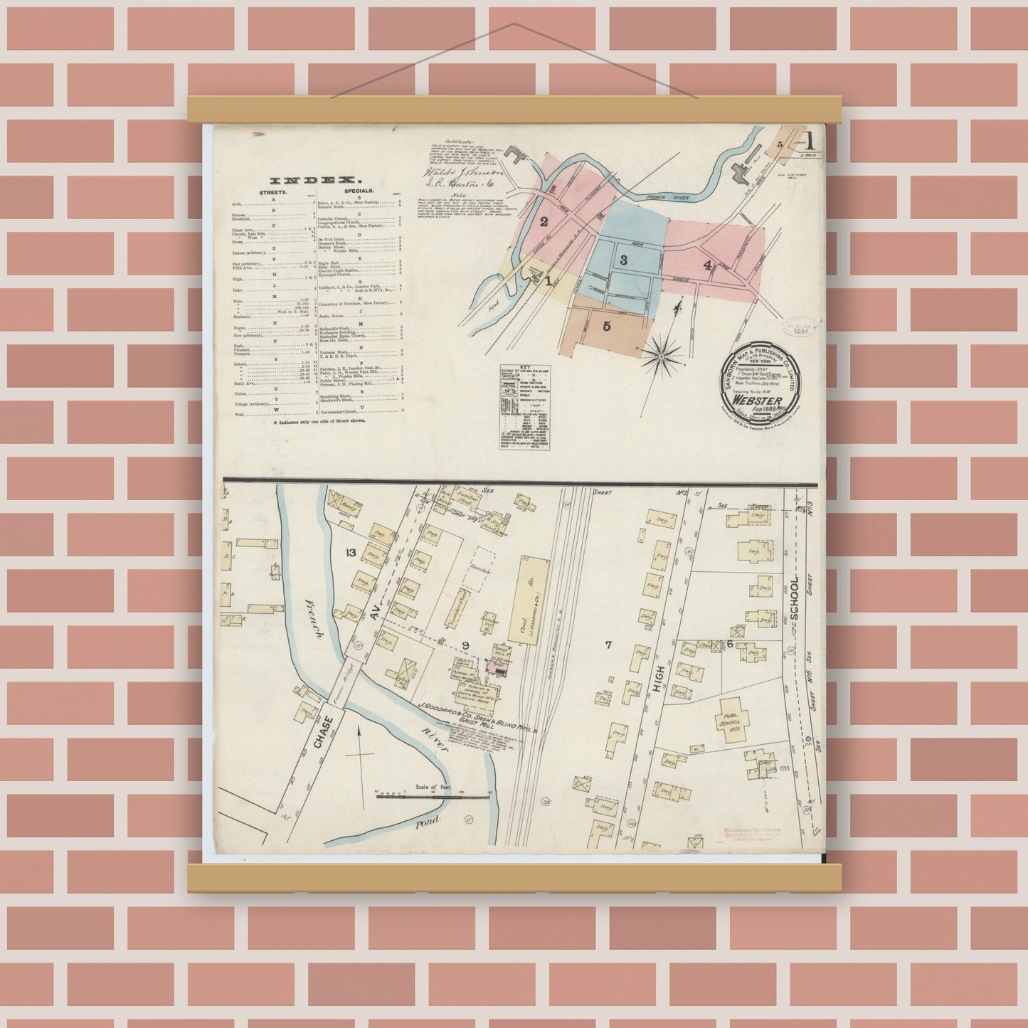 Old map wall art mockup — magnetic wood frame on brick wall — Sanborn Fire Insurance Map from Webster, Worcester County, Massachusetts (1888), Sheet #0001