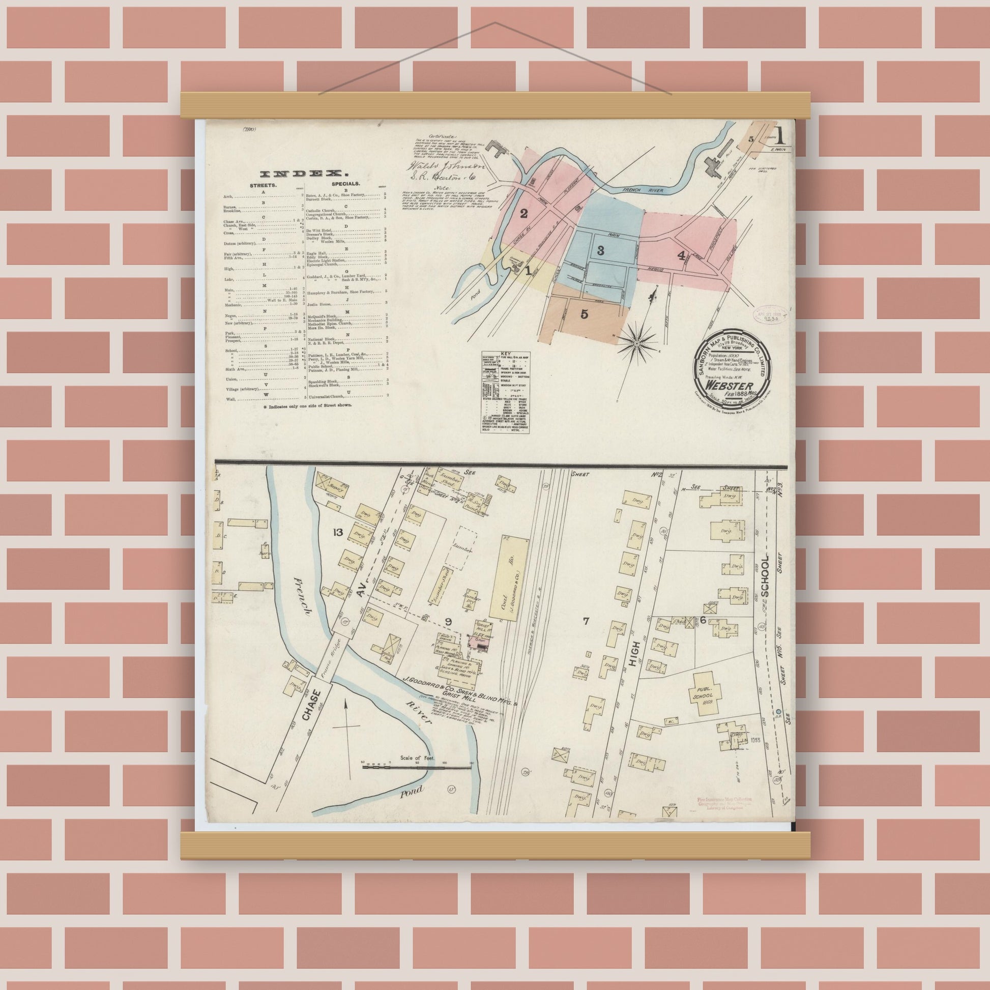 Old map wall art mockup — magnetic wood frame on brick wall — Sanborn Fire Insurance Map from Webster, Worcester County, Massachusetts (1888), Sheet #0001