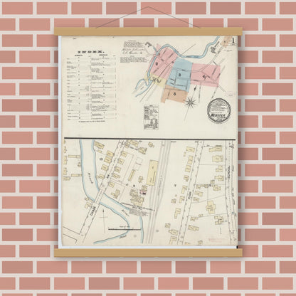 Old map wall art mockup — magnetic wood frame on brick wall — Sanborn Fire Insurance Map from Webster, Worcester County, Massachusetts (1888), Sheet #0001