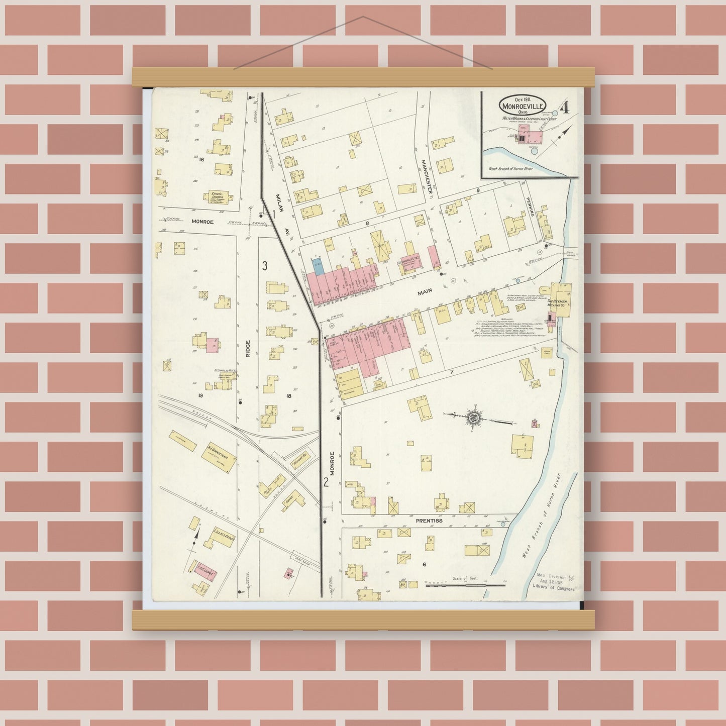 Old map wall art mockup — magnetic wood frame on brick wall — Sanborn Fire Insurance Map from Monroeville, Huron County, Ohio (1911), Sheet #0004