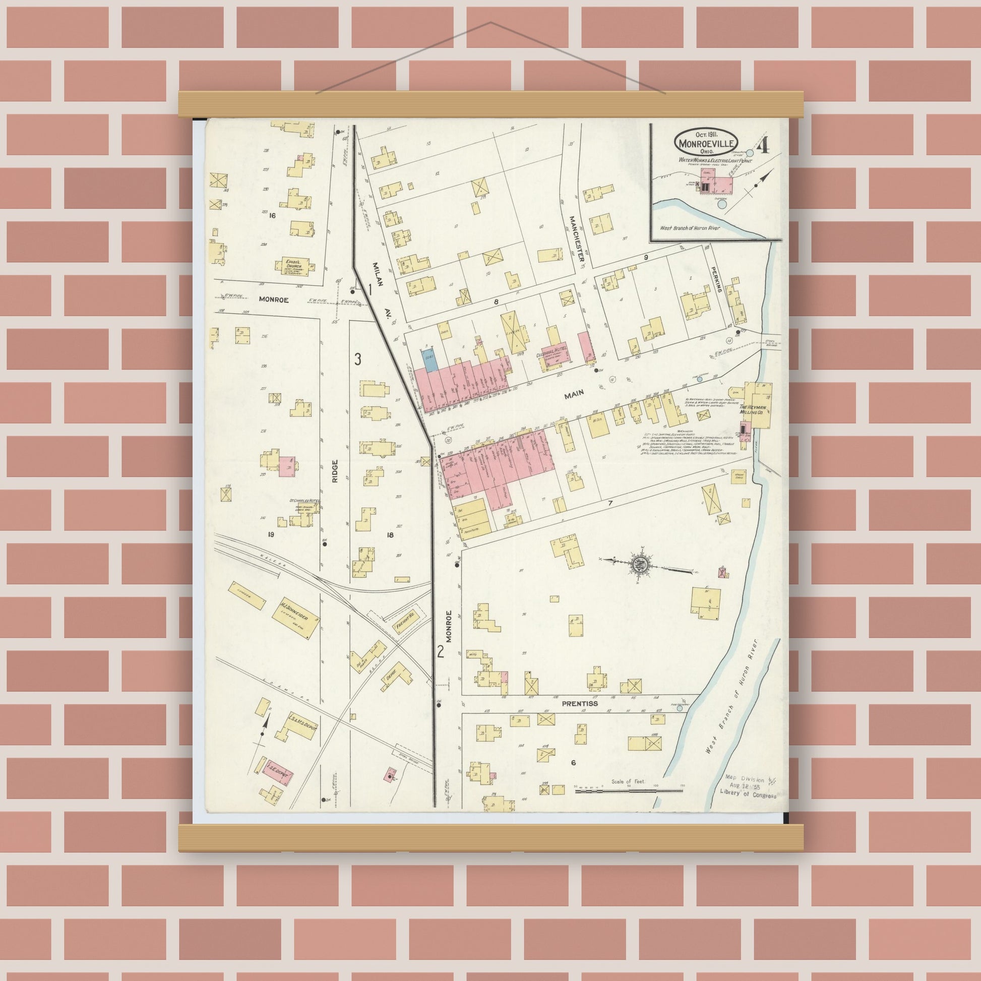 Old map wall art mockup — magnetic wood frame on brick wall — Sanborn Fire Insurance Map from Monroeville, Huron County, Ohio (1911), Sheet #0004
