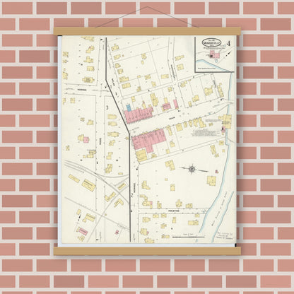 Old map wall art mockup — magnetic wood frame on brick wall — Sanborn Fire Insurance Map from Monroeville, Huron County, Ohio (1911), Sheet #0004