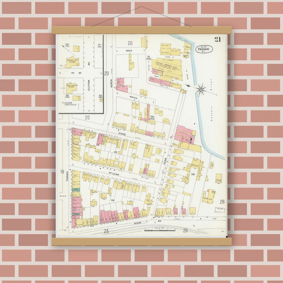 Old map wall art mockup — magnetic wood frame on brick wall — Sanborn Fire Insurance Map from Passaic, Passaic County, New Jersey (1903), Sheet #0021