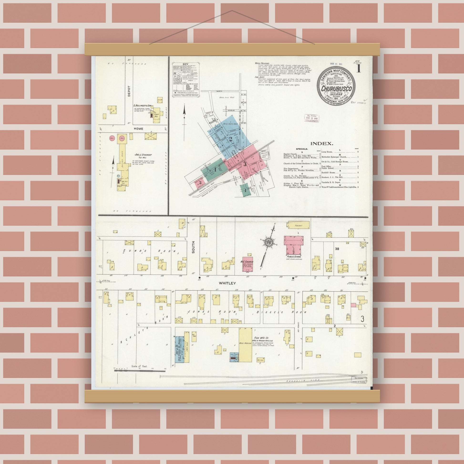 Old map wall art mockup — magnetic wood frame on brick wall — Sanborn Fire Insurance Map from Churubusco, Whitley County, Indiana (1911) - Complete Map Set
