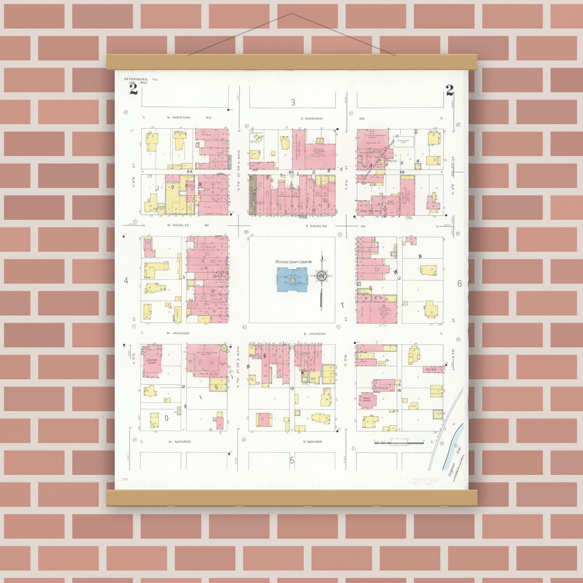 Old map wall art mockup — magnetic wood frame on brick wall — Sanborn Fire Insurance Map from Petersburg, Menard County, Illinois (1933), Sheet #0002