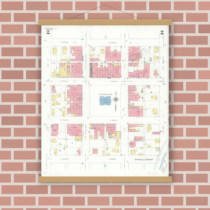 Old map wall art mockup — magnetic wood frame on brick wall — Sanborn Fire Insurance Map from Petersburg, Menard County, Illinois (1933), Sheet #0002