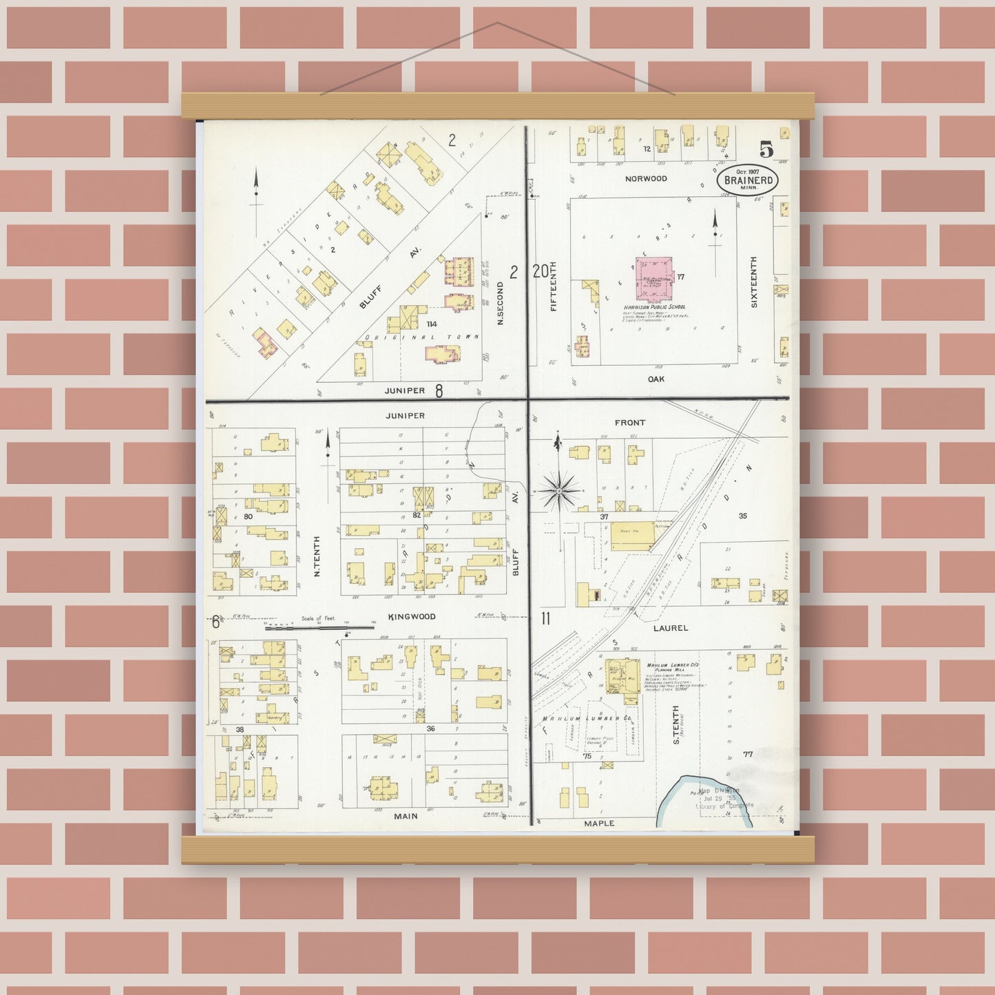Old map wall art mockup — magnetic wood frame on brick wall — Sanborn Fire Insurance Map from Brainerd, Crow Wing County, Minnesota (1907), Sheet #0005