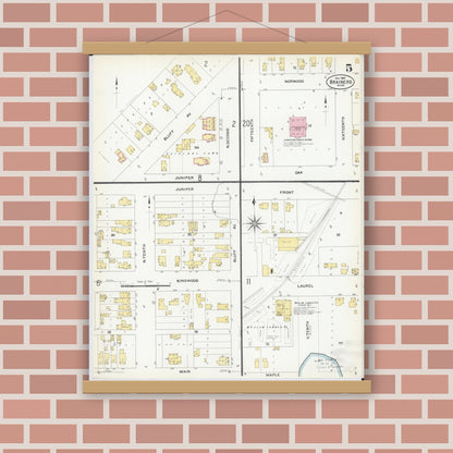 Old map wall art mockup — magnetic wood frame on brick wall — Sanborn Fire Insurance Map from Brainerd, Crow Wing County, Minnesota (1907), Sheet #0005