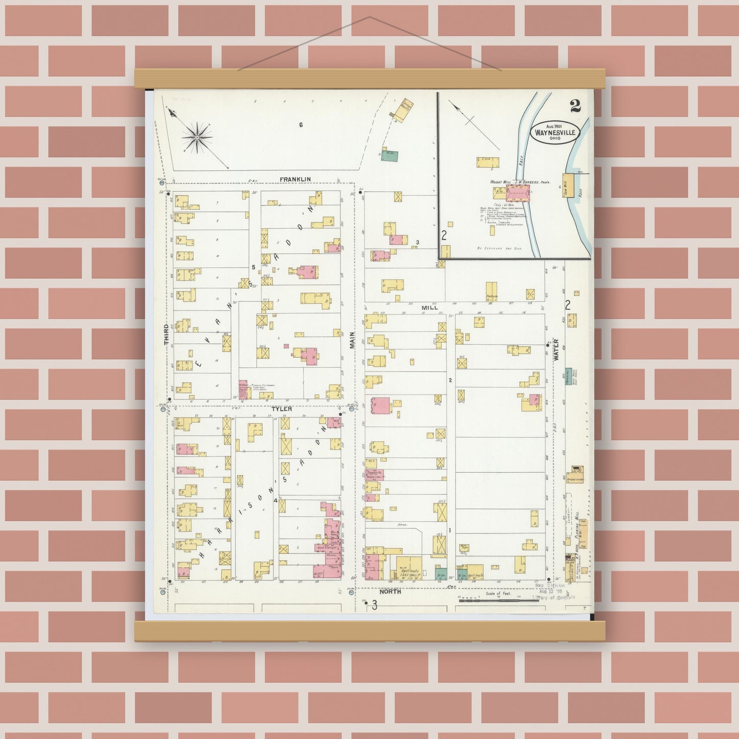 Old map wall art mockup — magnetic wood frame on brick wall — Sanborn Fire Insurance Map from Waynesville, Warren County, Ohio (1901), Sheet #0002