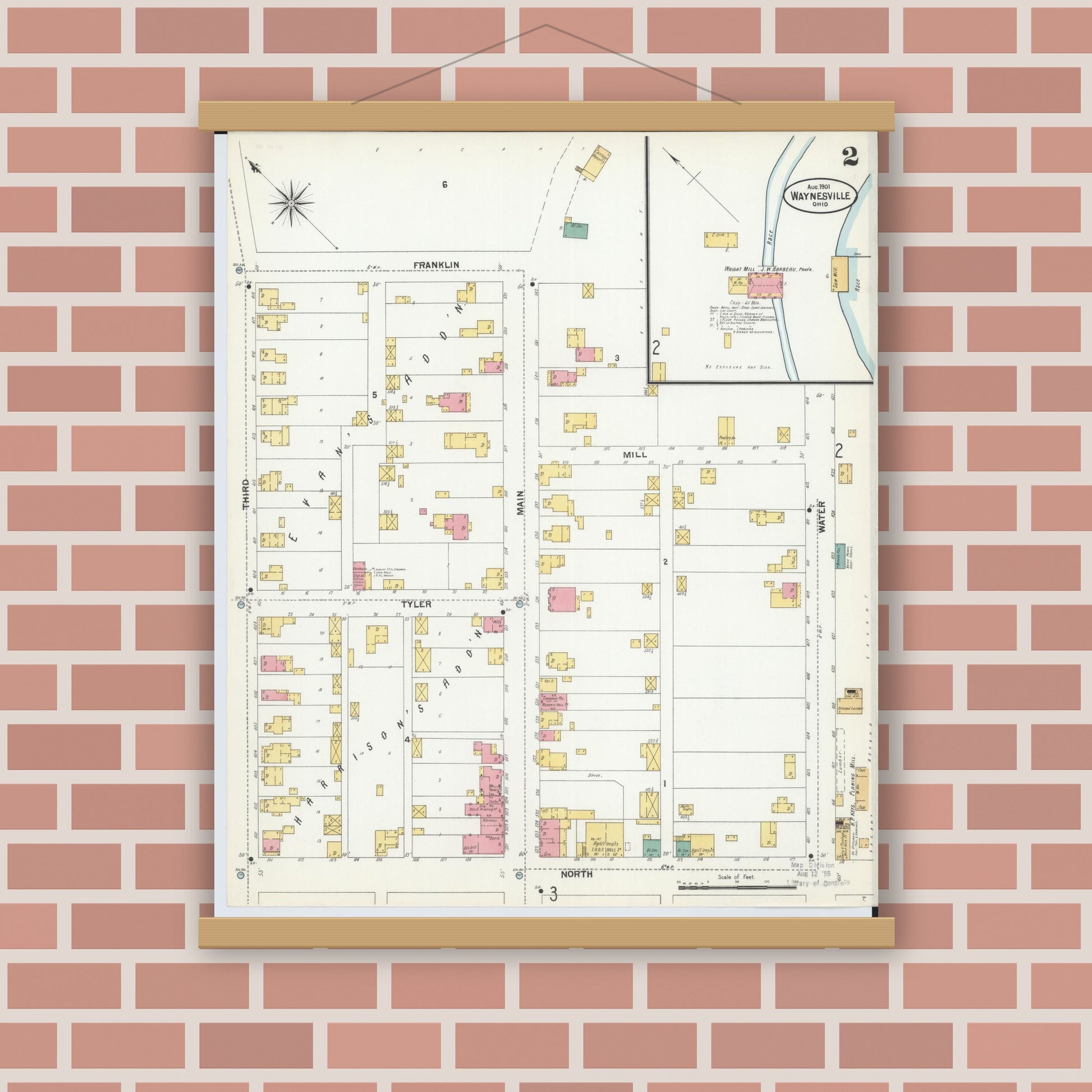 Old map wall art mockup — magnetic wood frame on brick wall — Sanborn Fire Insurance Map from Waynesville, Warren County, Ohio (1901), Sheet #0002