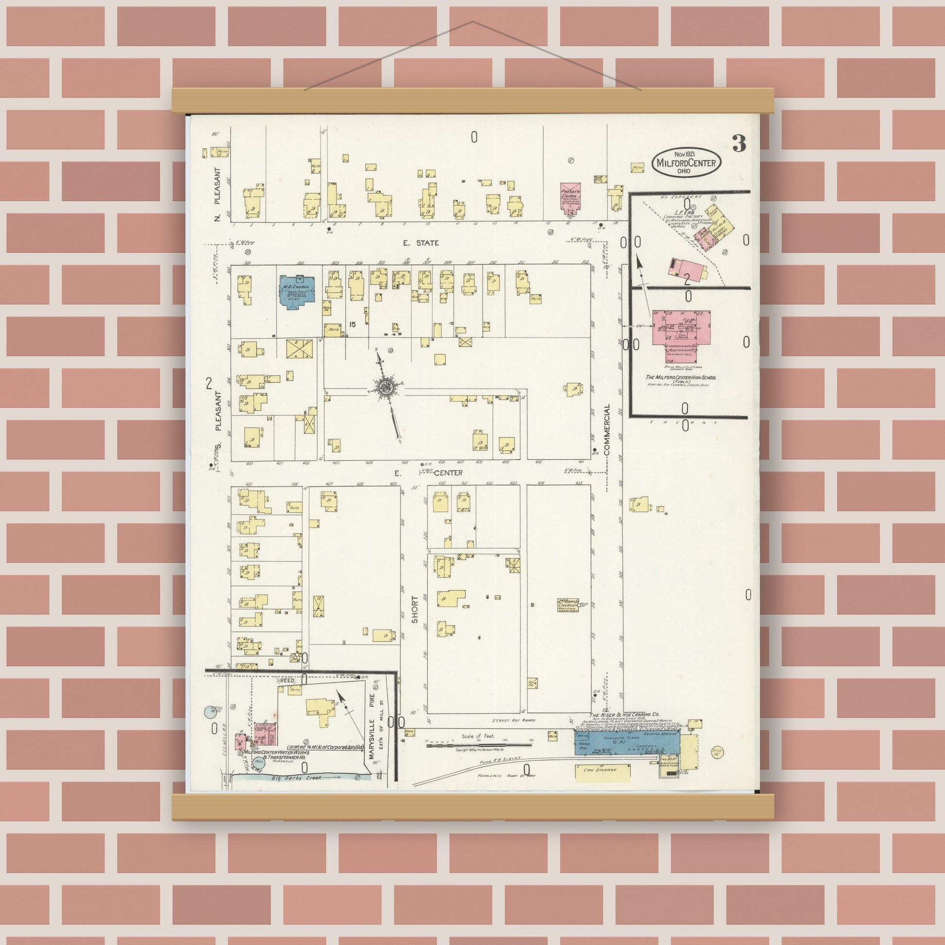 Old map wall art mockup — magnetic wood frame on brick wall — Sanborn Fire Insurance Map from Milford Center, Union County, Ohio (1921), Sheet #0003
