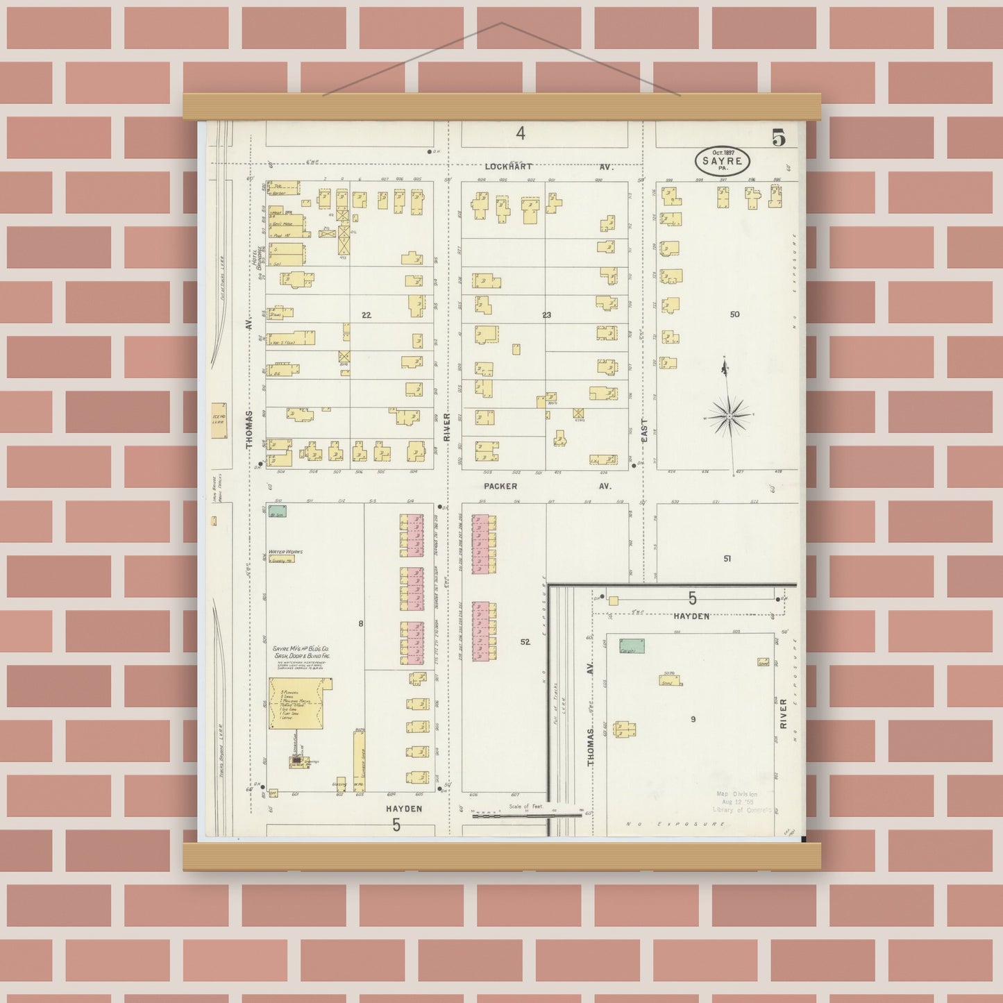 Old map wall art mockup — magnetic wood frame on brick wall — Sanborn Fire Insurance Map from Sayre, Bradford County, Pennsylvania (1897), Sheet #0005