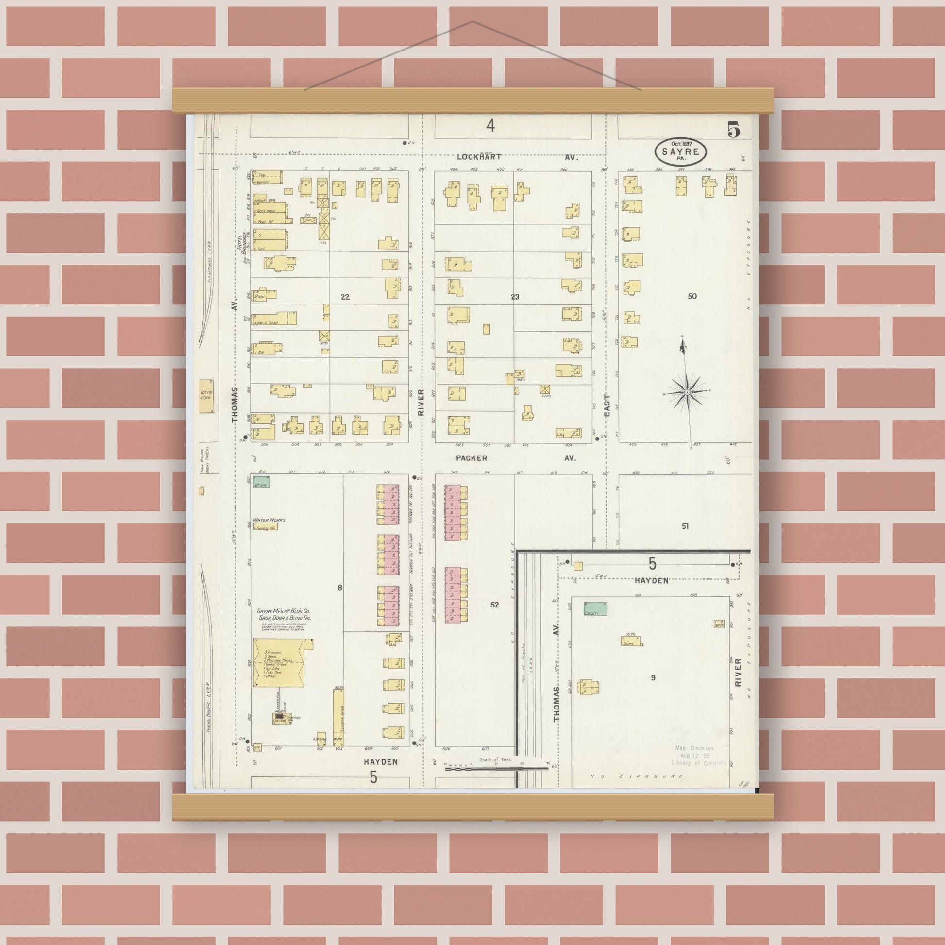 Old map wall art mockup — magnetic wood frame on brick wall — Sanborn Fire Insurance Map from Sayre, Bradford County, Pennsylvania (1897), Sheet #0005