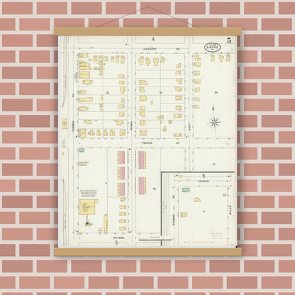 Old map wall art mockup — magnetic wood frame on brick wall — Sanborn Fire Insurance Map from Sayre, Bradford County, Pennsylvania (1897), Sheet #0005