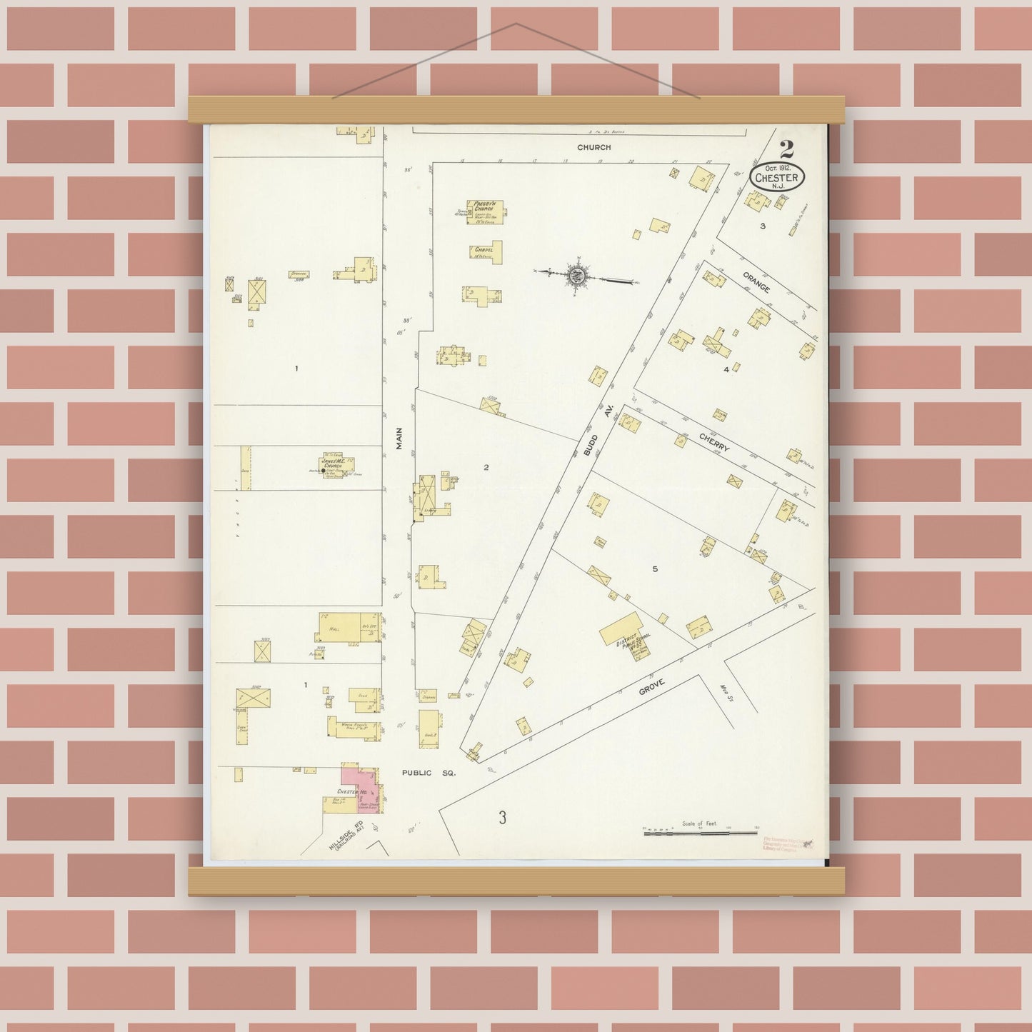 Old map wall art mockup — magnetic wood frame on brick wall — Sanborn Fire Insurance Map from Chester, Morris County, New Jersey (1912), Sheet #0002