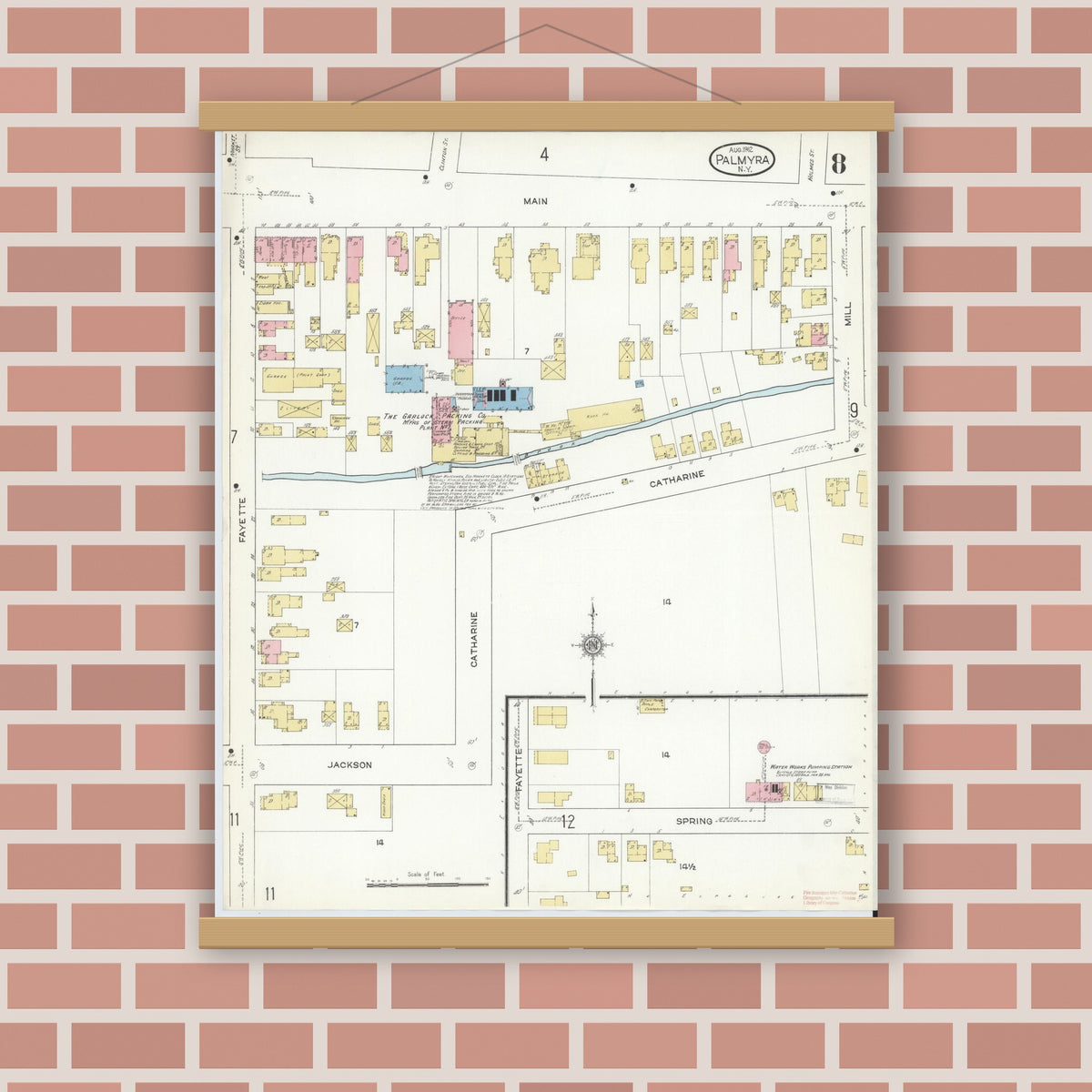Old map wall art mockup — magnetic wood frame on brick wall — Sanborn Fire Insurance Map from Palmyra, Wayne County, New York (1912), Sheet #0008