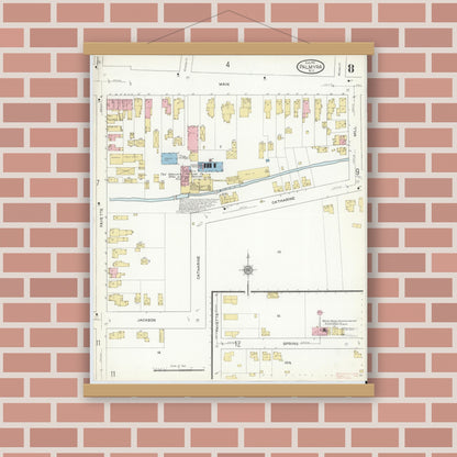 Old map wall art mockup — magnetic wood frame on brick wall — Sanborn Fire Insurance Map from Palmyra, Wayne County, New York (1912), Sheet #0008