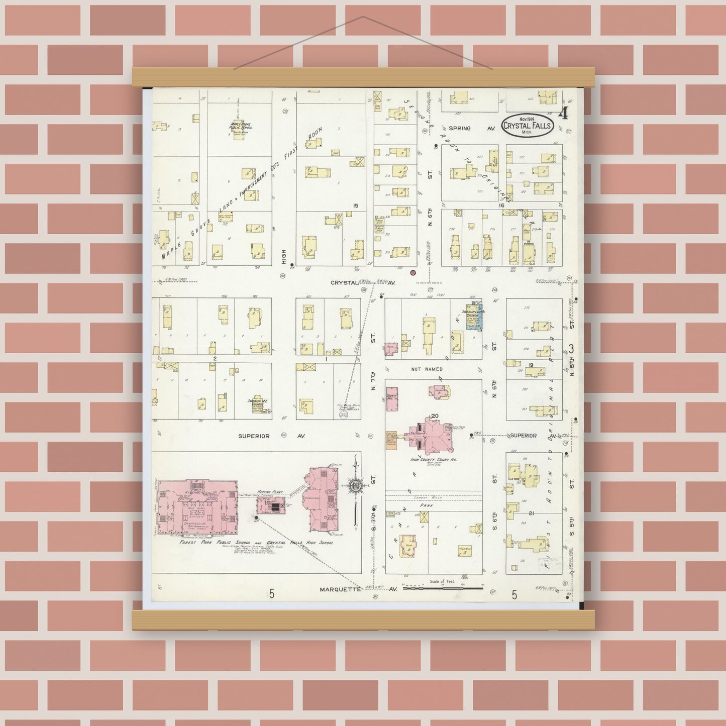 Old map wall art mockup — magnetic wood frame on brick wall — Sanborn Fire Insurance Map from Crystal Falls, Iron County, Michigan (1914), Sheet #0004
