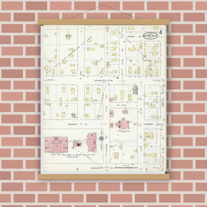 Old map wall art mockup — magnetic wood frame on brick wall — Sanborn Fire Insurance Map from Crystal Falls, Iron County, Michigan (1914), Sheet #0004