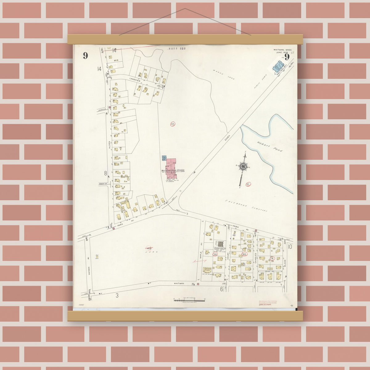 Old map wall art mockup — magnetic wood frame on brick wall — Sanborn Fire Insurance Map from Whitman, Plymouth County, Massachusetts (1950), Sheet #0009