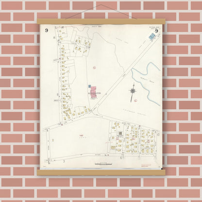 Old map wall art mockup — magnetic wood frame on brick wall — Sanborn Fire Insurance Map from Whitman, Plymouth County, Massachusetts (1950), Sheet #0009