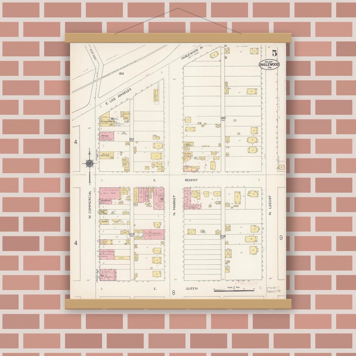 Old map wall art mockup — magnetic wood frame on brick wall — Sanborn Fire Insurance Map from Inglewood, Los Angeles County, California (1912), Sheet #0005